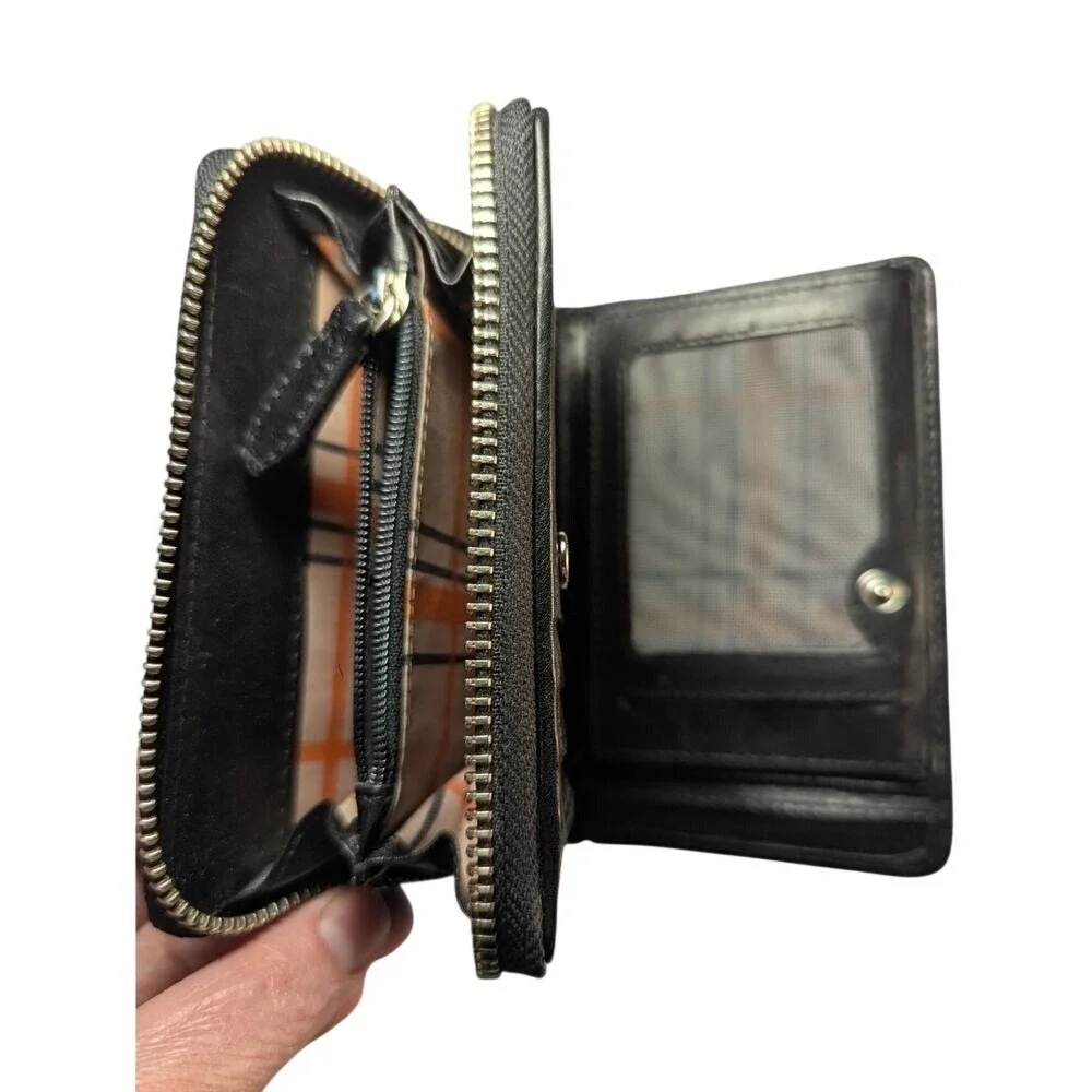 Chiarugi‎ Black Leather Bifold Zip Around Wallet RFID Protect ID Window Plaid